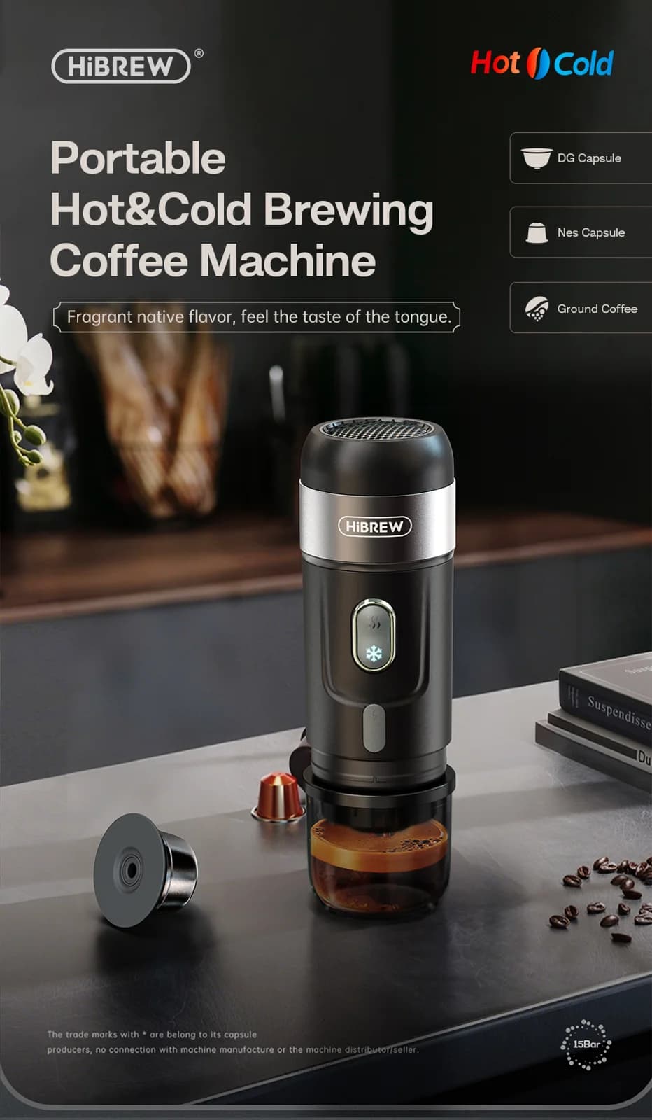 Draagbaar koffiezetapparaat voor capsules en gemalen koffie